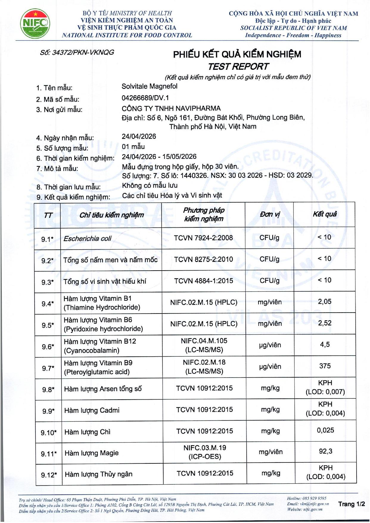 Phiếu kiểm nghiệm NIFC số 34372/PKN-VKNQG